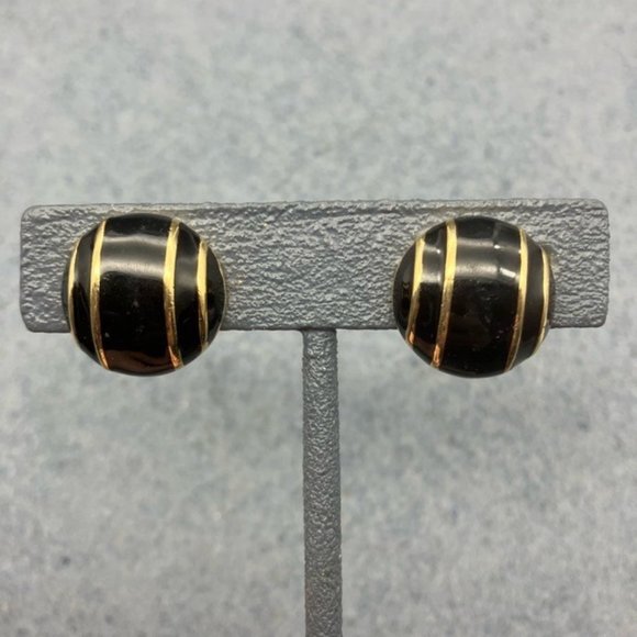 Monet Clip On Earrings Black Enamel Gold Stripe Round Domed Retro Vintage Granny - Picture 1 of 7